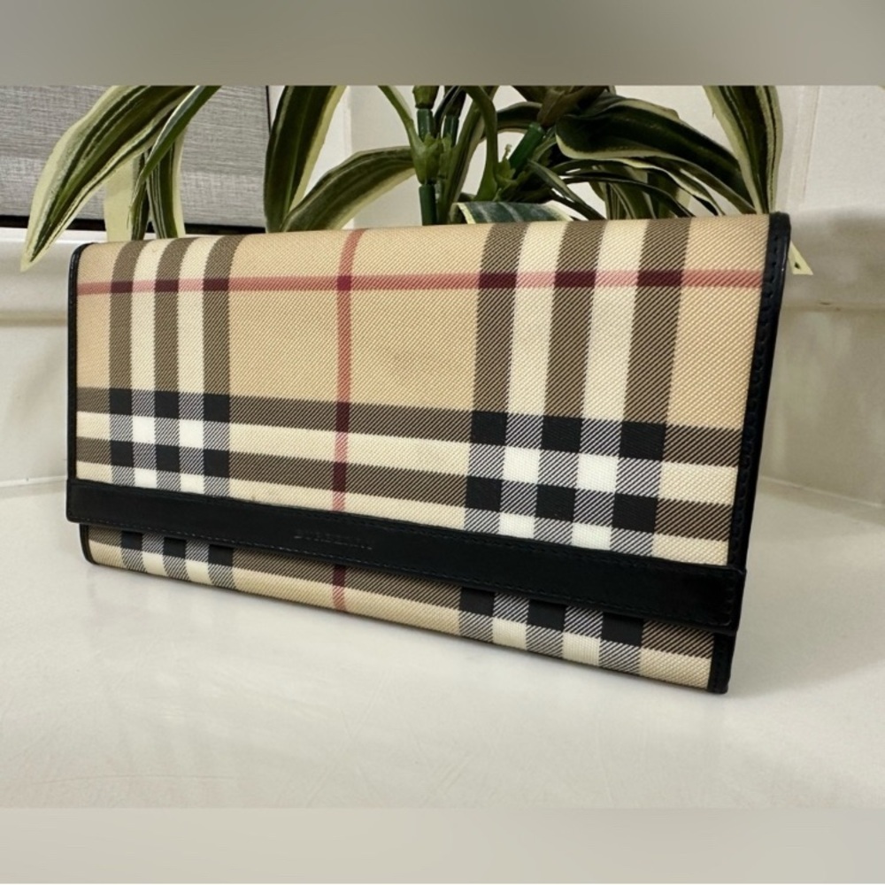 BURBERRY Nova Check Black Plaid PVC Leather Long Wallet EUC